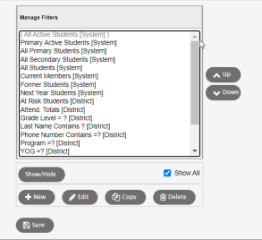 Manage filters pop-up.